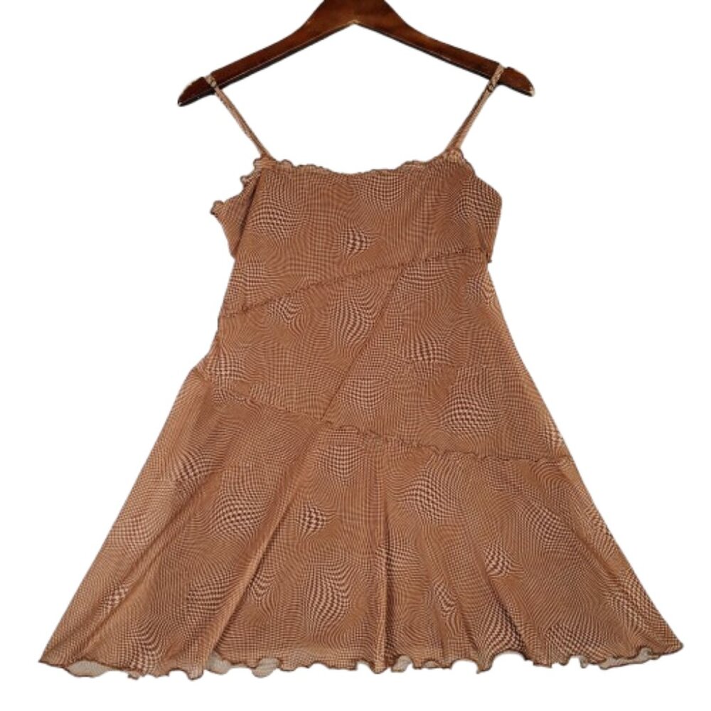 Urban Outfitters Slip Dress Women's Small Brown Houndstooth Moxie Mesh Ruffle